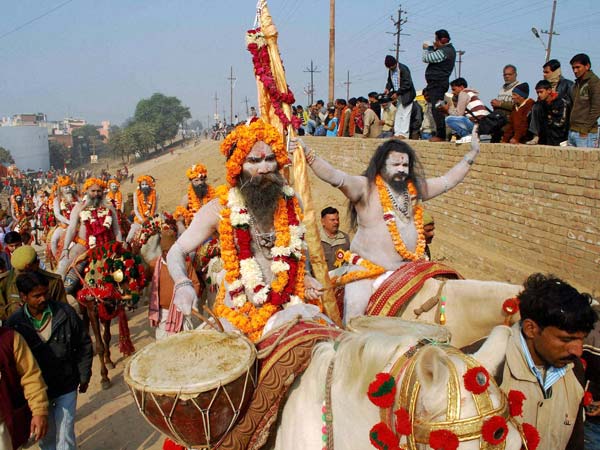 Mahanirvani Akhara Naga sadhus take out a religious procession