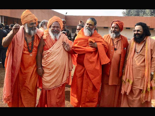 Sadhus after attending a meeting with Mela officers