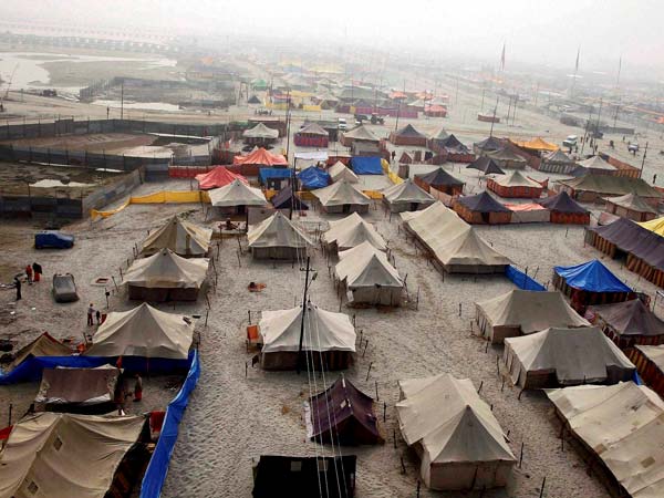 Tents are set up in an Indian camp of sadhus