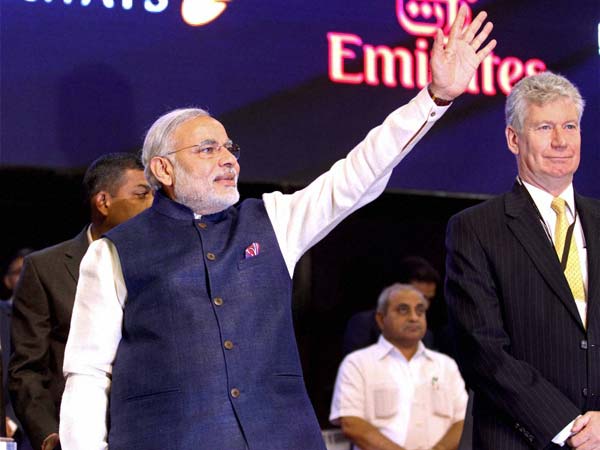 Narendra Modi waves at the Vibrant Gujarat summit