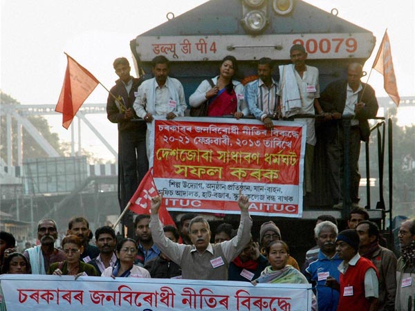 Protesters block a train during the two day nation-wide strike