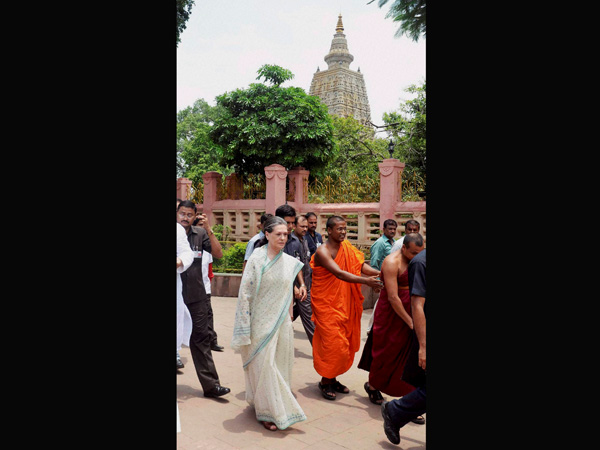 Sonia Gandhi during a visit to the Mahabodhi Temple