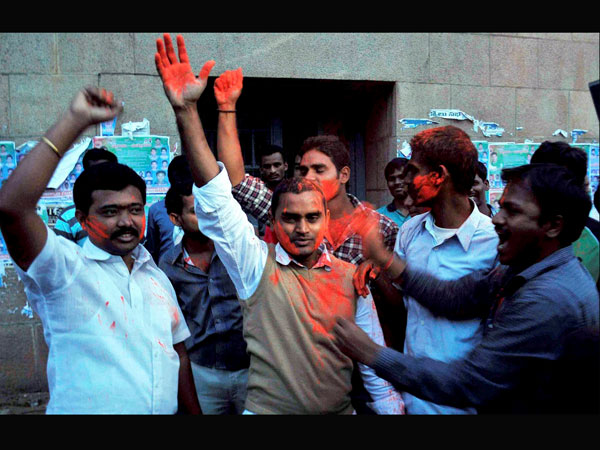 Telangana supporters celebrate in Hyderabad
