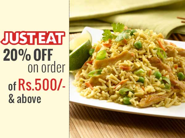 JustEat offers 20% OFF on order of Rs.500/- & above