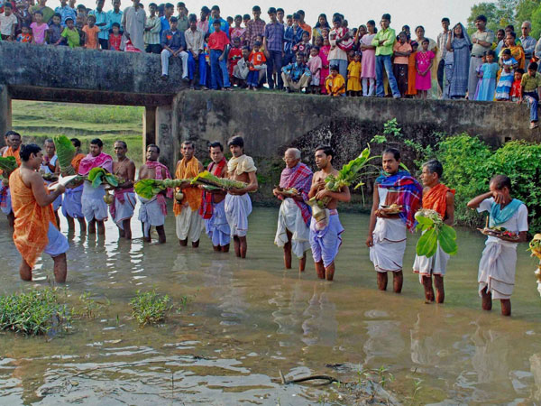 Devotees perform 'Kollabou Snan' on the Maha Saptami of the Durga Puja