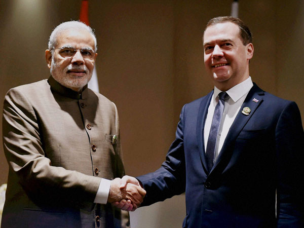Prime Minister Narendra Modi shakes hands with his Russian counterpart Dmitry Medvedev at a meeting in Nay Pyi Taw, Myanmar on Thursday. Prime Minister Narendra Modi shakes hands with his Russian counterpart Dmitry Medvedev at a meeting in Nay Pyi Taw, Myanmar on Thursday.