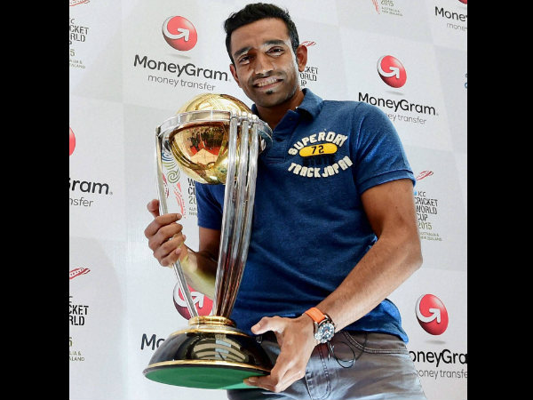 Robin Uthappa with a replica of ICC World Cup 2015 trophy in Bengaluru on Thursday. Robin Uthappa with a replica of ICC World Cup 2015 trophy in Bengaluru on Thursday.