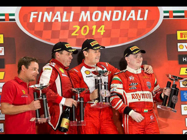 Indian businessman Gautam Singhania (right) after finishing third shares podium with winner Dirk Admaski and Rick Lovat at the Ferrari Challenge Race in Abu Dhabi on Friday. Indian businessman Gautam Singhania (right) after finishing third shares podium with winner Dirk Admaski and Rick Lovat at the Ferrari Challenge Race in Abu Dhabi on Friday.