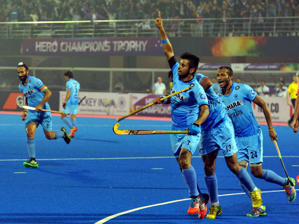 Manpreet Singh of India celebrates after scoring the second goal against Netherlands in the Champions trophy at Kalinga stadium in Bhubaneswar on Tuesday. Manpreet Singh of India celebrates after scoring the second goal against Netherlands in the Champions trophy at Kalinga stadium in Bhubaneswar on Tuesday.