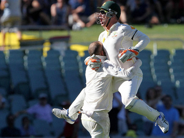 Brad Haddin leaps into the arms of teammate Nathan Lyon as they celebrate after defeating India by 48 runs Brad Haddin leaps into the arms of teammate Nathan Lyon as they celebrate after defeating India by 48 runs