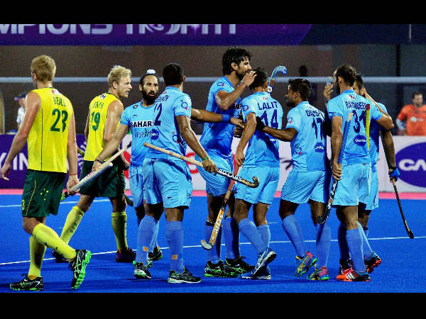 Indian Players celebrate after scoring a goal against Australia Indian Players celebrate after scoring a goal against Australia
