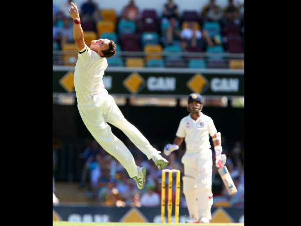 Josh Hazelwood is airborne as he attempts to take a catch off Ajinkya Rahane, right Josh Hazelwood is airborne as he attempts to take a catch off Ajinkya Rahane, right