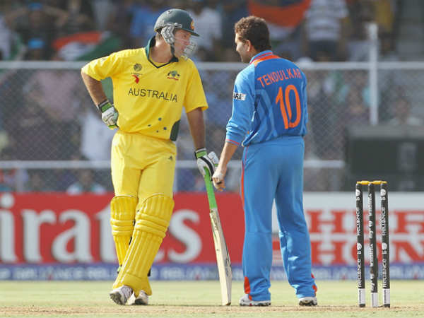 Ponting (left) and Tendulkar during 2011 World Cup Ponting (left) and Tendulkar during 2011 World Cup