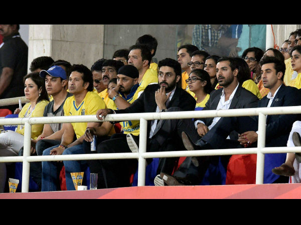 Anjali Tendulkar, actor Aamir Khan, Sachin Tendulkar, Harbhajan Singh, Abhishek Bachchan, John Abraham and Ranbir Kapoor watching the final Anjali Tendulkar, actor Aamir Khan, Sachin Tendulkar, Harbhajan Singh, Abhishek Bachchan, John Abraham and Ranbir Kapoor watching the final