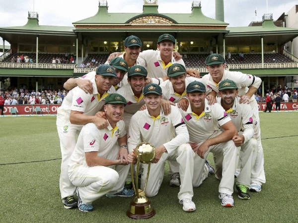 Australian players pose with the Border-Gavaskar trophy Australian players pose with the Border-Gavaskar trophy