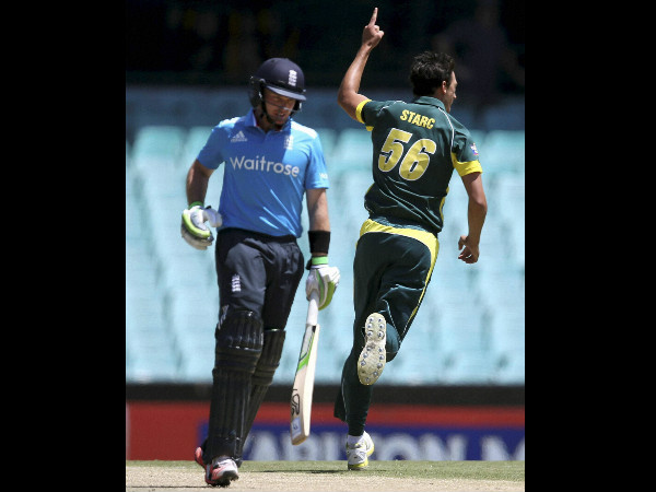 Starc (right) celebrates dismissing Ian Bell in tri-series opener Starc (right) celebrates dismissing Ian Bell in tri-series opener