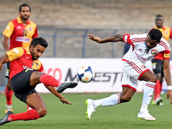 East Bengal Midfielder Harmanjot Singh Khabra (left) and Shillong Lajong FC Striker Cornel Glen (right) in action during I-League match in Kolkata on Sunday East Bengal Midfielder Harmanjot Singh Khabra (left) and Shillong Lajong FC Striker Cornel Glen (right) in action during I-League match in Kolkata on Sunday