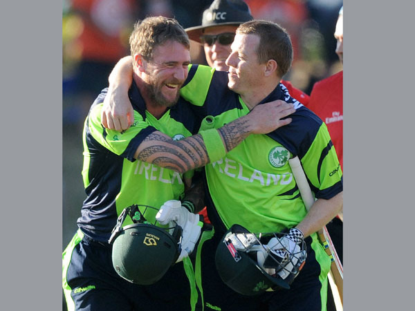 Ireland's not out batsmen John Mooney (left) and Niall O'Brien (right) embrace as they walk off after defeating West Indies during their World Cup match Ireland's not out batsmen John Mooney (left) and Niall O'Brien (right) embrace as they walk off after defeating West Indies during their World Cup match