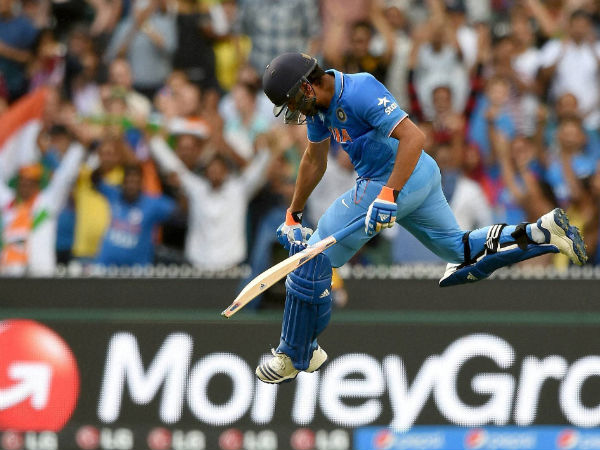 Rohit Sharma celebrates after scoring a century against Bangladesh Rohit Sharma celebrates after scoring a century against Bangladesh