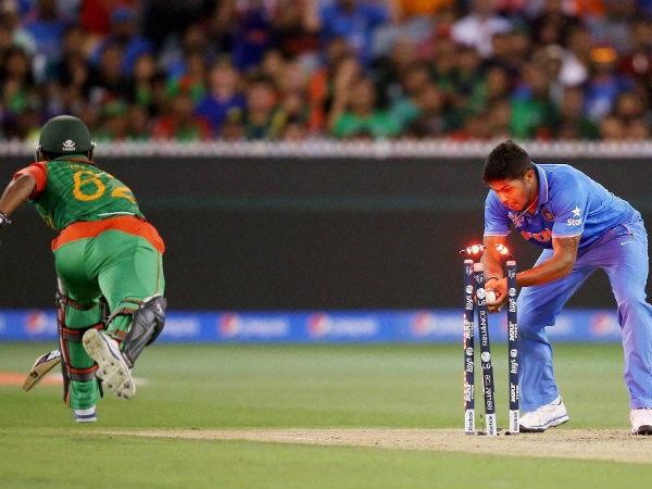 Umesh Yadav (right) runs out Bangladesh's Imrul Kayes during their 2nd quarter-final match Umesh Yadav (right) runs out Bangladesh's Imrul Kayes during their 2nd quarter-final match