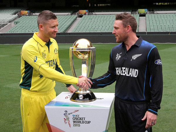 Captains Clarke (left) and McCullum shake hands in front of the World Cup trophy on the eve of the final Captains Clarke (left) and McCullum shake hands in front of the World Cup trophy on the eve of the final