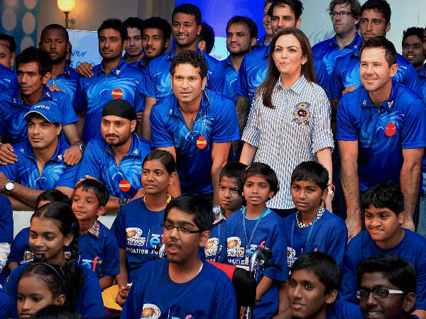 Mumbai Indians team owner Nita Ambani along with Sachin Tendulkar, Ricky Ponting and other teammates during an event for underprivileged children 'Education For All' in Mumbai in this 2013 file photo Mumbai Indians team owner Nita Ambani along with Sachin Tendulkar, Ricky Ponting and other teammates during an event for underprivileged children 'Education For All' in Mumbai in this 2013 file photo