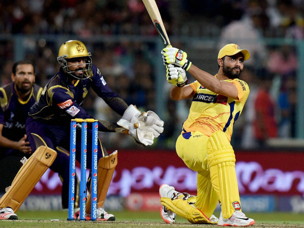 CSK's Ravindra Jadeja plays a shot during a match against KKR. CSK's Ravindra Jadeja plays a shot during a match against KKR.