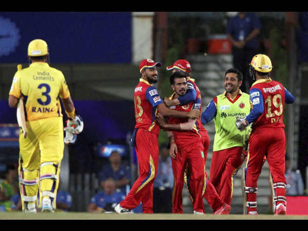 RCB players celebrate the dismissal of Raina (left) for a duck RCB players celebrate the dismissal of Raina (left) for a duck