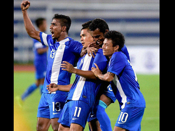 Indian players celebrate their goal, scored by Sunil Chhetri (11) Indian players celebrate their goal, scored by Sunil Chhetri (11)