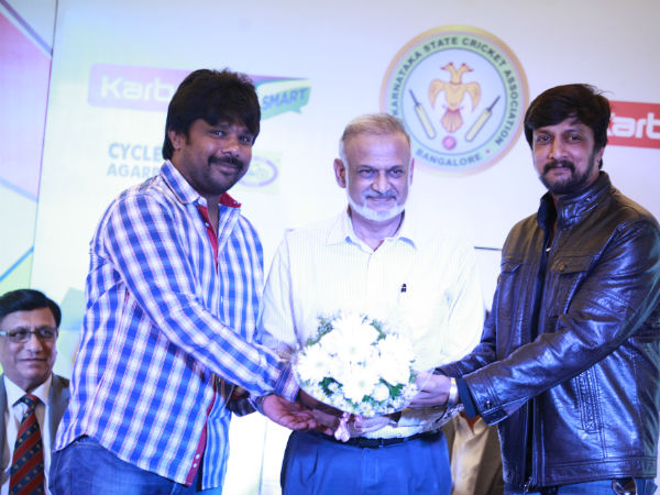 Rockstars' captain and Kannada film actor Sudeep (right) with KSCA secretary Brijesh Patel (centre) Rockstars' captain and Kannada film actor Sudeep (right) with KSCA secretary Brijesh Patel (centre)