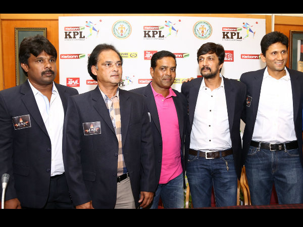 From left: Rockstars' Raju Gowda, David Johnson, Sunil Joshi, Sudeep and Venkatesh Prasad pose for a picture From left: Rockstars' Raju Gowda, David Johnson, Sunil Joshi, Sudeep and Venkatesh Prasad pose for a picture