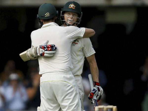 Rogers (facing camera) hugs Steve Smith after completing century in 2nd Ashes Test Rogers (facing camera) hugs Steve Smith after completing century in 2nd Ashes Test
