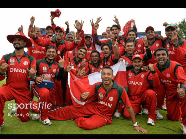 Omani players celebrate after the win. Photo: ©ICC/Sportsfile Omani players celebrate after the win. Photo: ©ICC/Sportsfile