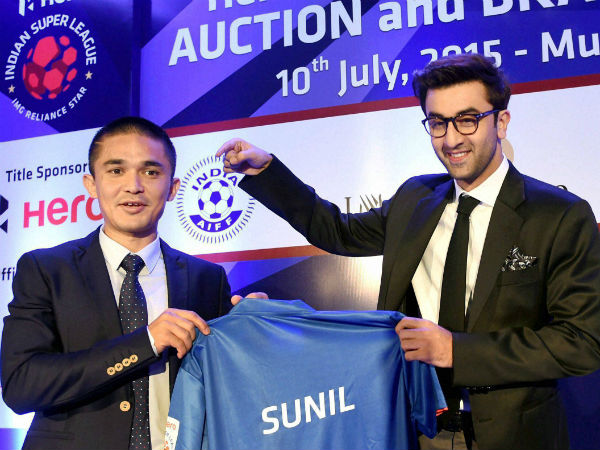 Bollywood actor Ranbir Kapoor (right), owner of Mumbai City team with player Sunil Chhetri during a press conference following Indian Super League auction and draft 2015 in Mumbai on July 10 Bollywood actor Ranbir Kapoor (right), owner of Mumbai City team with player Sunil Chhetri during a press conference following Indian Super League auction and draft 2015 in Mumbai on July 10