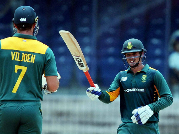 South Africa A player Quinton de Kock (right) celebrating his century against India A in Chennai on Sunday South Africa A player Quinton de Kock (right) celebrating his century against India A in Chennai on Sunday