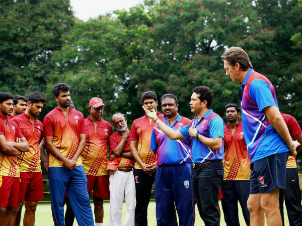Legends Sachin Tendulkar (3rd from right) and Glenn McGrath (right) interacting with young cricketers at MRF Pace Foundation in Chennai on Friday. Legends Sachin Tendulkar (3rd from right) and Glenn McGrath (right) interacting with young cricketers at MRF Pace Foundation in Chennai on Friday.