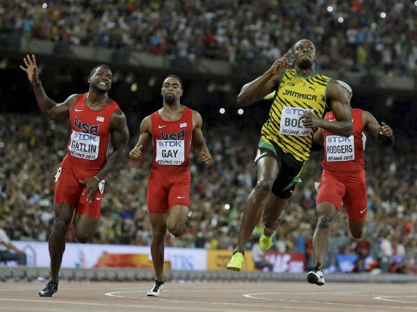 Usain Bolt reacts after winning the men’s 100m final at the World Athletics Championships at the Bird's Nest stadium in Beijing on Sunday Usain Bolt reacts after winning the men’s 100m final at the World Athletics Championships at the Bird's Nest stadium in Beijing on Sunday