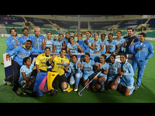 File photo: Indian players show victory sign during a group photograph after defeating Poland during the FIH hockey world league; final (Women) match in New Delhi in March this year File photo: Indian players show victory sign during a group photograph after defeating Poland during the FIH hockey world league; final (Women) match in New Delhi in March this year