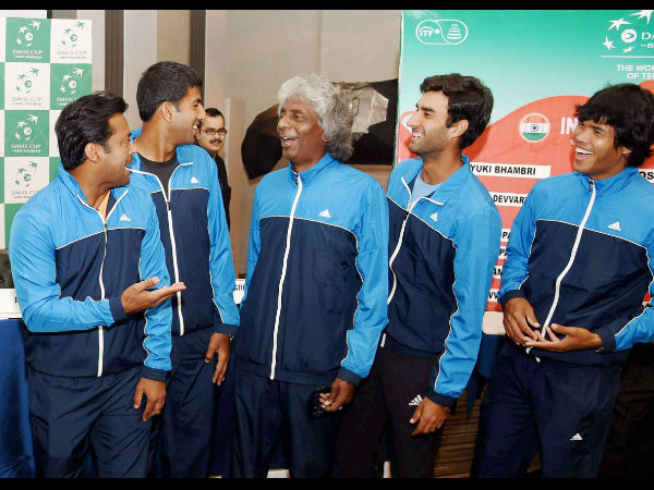 Left to right: Indian Davis Cup team members Leander Paes, Rohan Bhopanna, Anand Amritraj, Yuki Bhambri and Somdev Devvaraman share a laugh during the announcement of the Davis Cup draw in New Delhi on Thursday. Left to right: Indian Davis Cup team members Leander Paes, Rohan Bhopanna, Anand Amritraj, Yuki Bhambri and Somdev Devvaraman share a laugh during the announcement of the Davis Cup draw in New Delhi on Thursday.