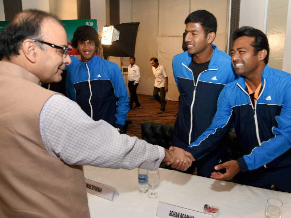 Union Finance Minister Arun Jaitley greets the Indian Davis Cup team members Leander Paes, Rohan Bhopanna and Somdev Devvraman during the announcement of the Davis Cup draw Union Finance Minister Arun Jaitley greets the Indian Davis Cup team members Leander Paes, Rohan Bhopanna and Somdev Devvraman during the announcement of the Davis Cup draw