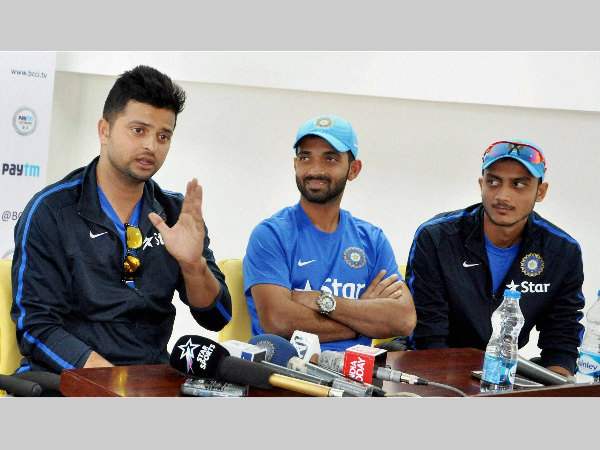 Raina (left) speaks to the media as Ajinkya Rahane (centre) and Axar Patel look on, yesterday (September 29) Raina (left) speaks to the media as Ajinkya Rahane (centre) and Axar Patel look on, yesterday (September 29)