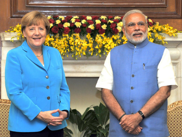 Modi, Merkel at Hyderabad House in New Delhi