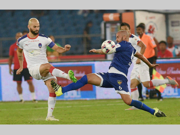 Delhi Dynamos FC and Chennaiyin FC (blue jersey) players in action during the ISL match at Jawaharlal Nehru Stadium in New Delhi on Thursday Delhi Dynamos FC and Chennaiyin FC (blue jersey) players in action during the ISL match at Jawaharlal Nehru Stadium in New Delhi on Thursday
