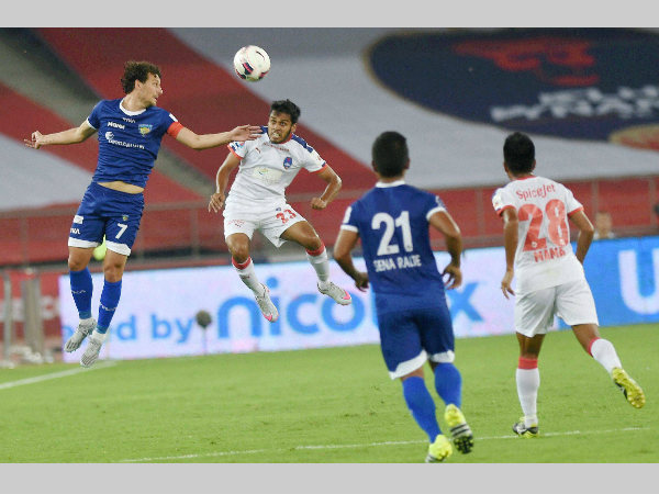 Delhi Dynamos FC and Chennaiyin FC (blue jersey) players in action during the ISL match at Jawaharlal Nehru Stadium in New Delhi on Thursday Delhi Dynamos FC and Chennaiyin FC (blue jersey) players in action during the ISL match at Jawaharlal Nehru Stadium in New Delhi on Thursday