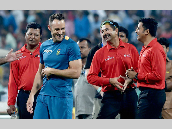 South African captain Faf du Plessis (2nd left) shares a light moment with umpires during ground inspection South African captain Faf du Plessis (2nd left) shares a light moment with umpires during ground inspection