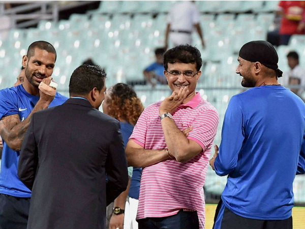 Sourav Ganguly (2nd right), Shikhar Dhawan (left) and Harbhajan Singh before the start of T20 match at Eden Gardens Sourav Ganguly (2nd right), Shikhar Dhawan (left) and Harbhajan Singh before the start of T20 match at Eden Gardens