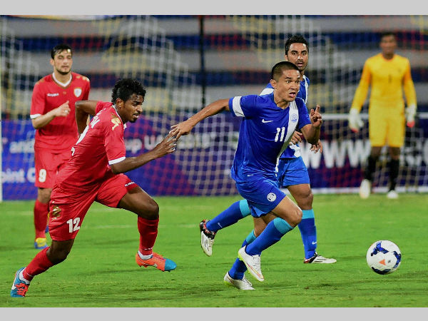File photo: India's Sunil Chhetri (in blue jersey) and Oman's Ahmed Mubarak vie for the ball during the FIFA World Cup 2018 qualifying match at Sree Kanteerava Stadium in Bengaluru File photo: India's Sunil Chhetri (in blue jersey) and Oman's Ahmed Mubarak vie for the ball during the FIFA World Cup 2018 qualifying match at Sree Kanteerava Stadium in Bengaluru