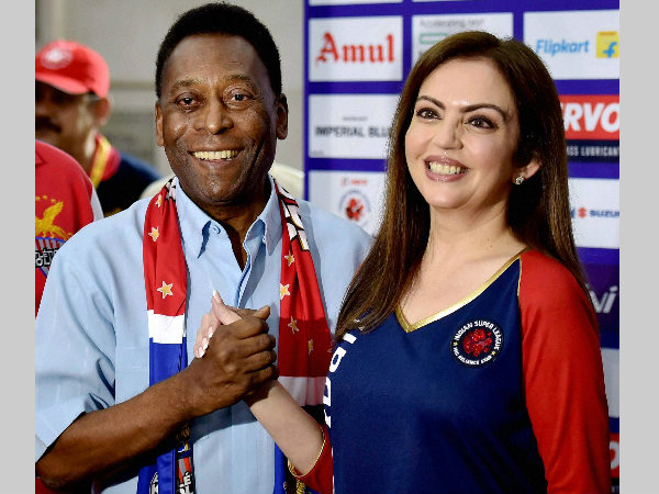 Pele with ISL chairperson Nita Ambani before start of Kolkata-Kerala match Pele with ISL chairperson Nita Ambani before start of Kolkata-Kerala match
