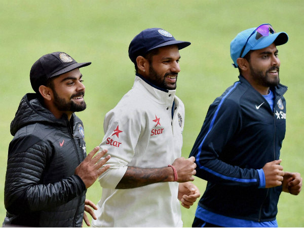 Kohli (left), Dhawan (centre) and Ravindra Jadeja run during a training session in Bengaluru Kohli (left), Dhawan (centre) and Ravindra Jadeja run during a training session in Bengaluru
