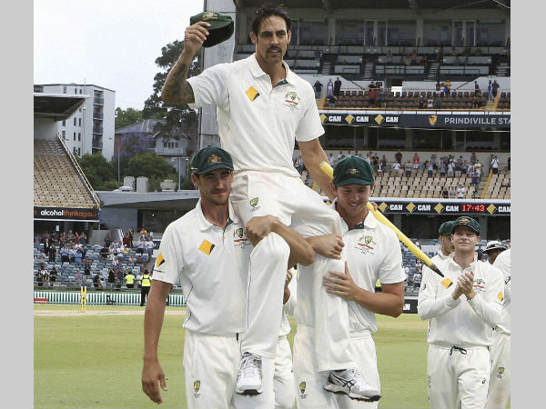 Mitchell Johnson is chaired off the ground by team-mates Mitchell Starc (left) and Josh Hazlewood after completing in his final test in the cricket test match against New Zealand in Perth, Australia, Tuesday, November 17 Mitchell Johnson is chaired off the ground by team-mates Mitchell Starc (left) and Josh Hazlewood after completing in his final test in the cricket test match against New Zealand in Perth, Australia, Tuesday, November 17